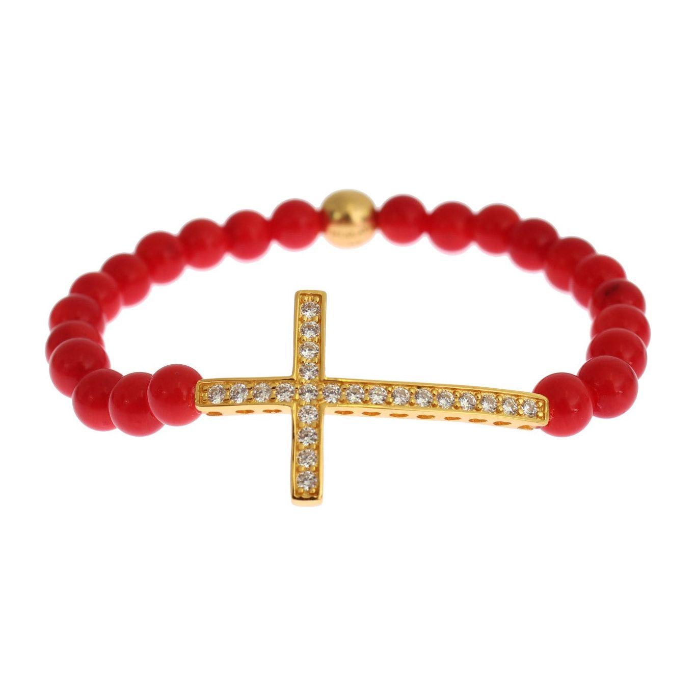 Nialaya Red Coral Gold CZ Cross 925 Silver Bracelet