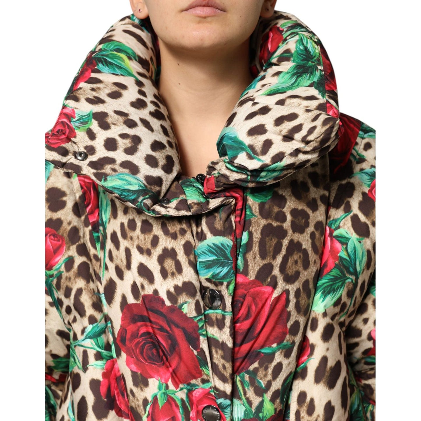 Dolce & Gabbana Multicolor Leopard Rose Puffer Quilted Jacket