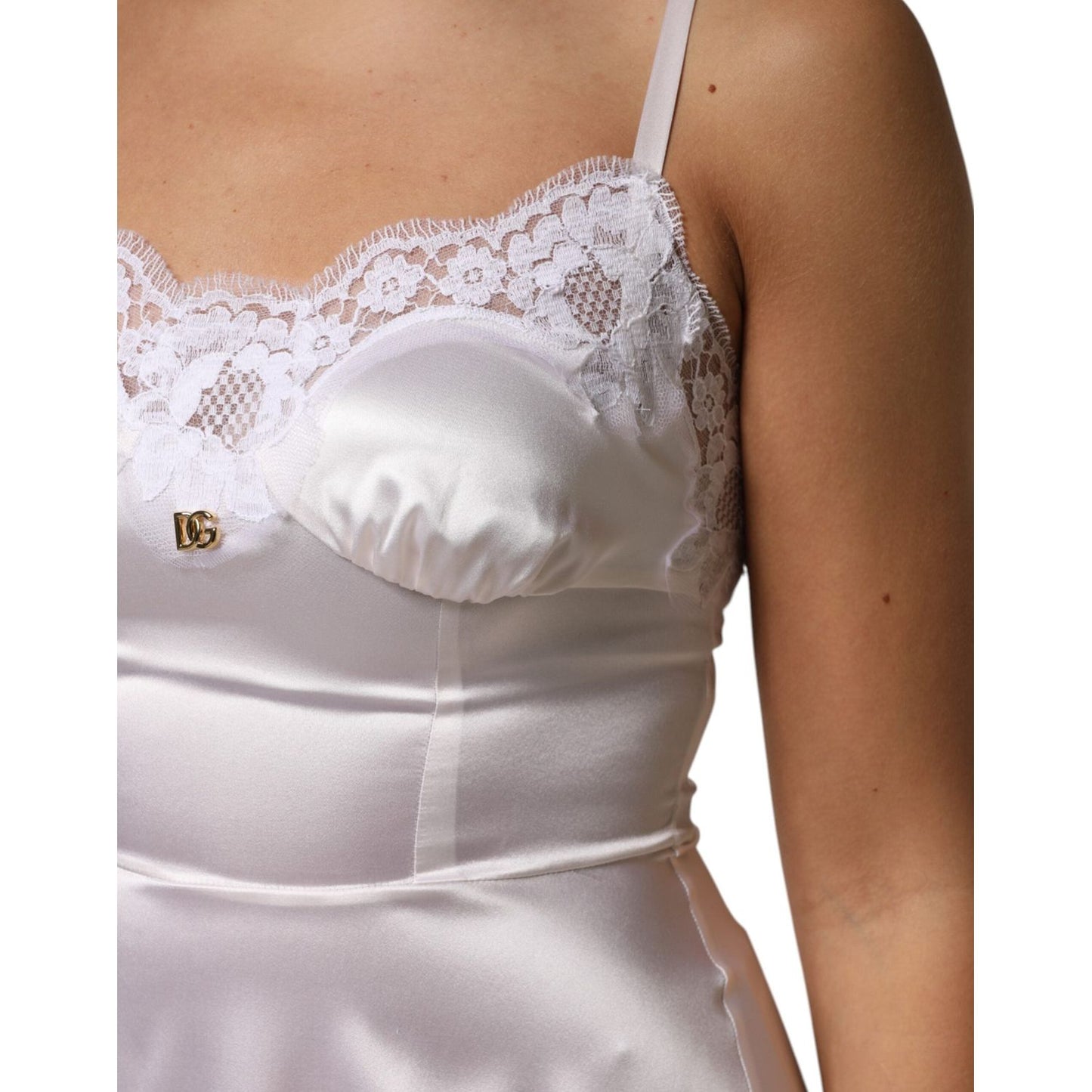 Dolce & Gabbana White Lace Gold DG Logo Silk Dress Sleepwear