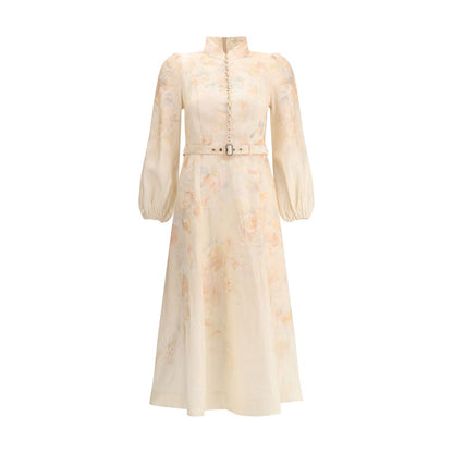 Zimmermann Multicolor Linen Casual Dress with floral design, pearl buttons, adjustable belt, and mandarin collar for elegant styling.