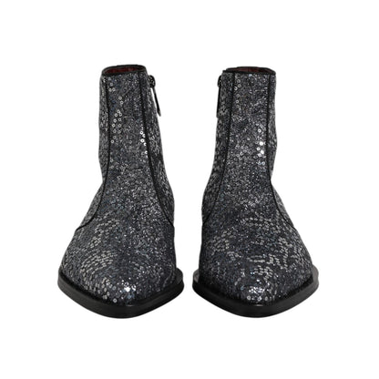 Dolce & Gabbana Dark Gray Cotton Sequined Chelsea Boots Shoes