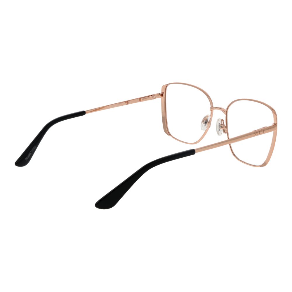 Guess Rose Gold Women Glasses Frame, metal full-rim design with demo lenses, square style, includes branded case.