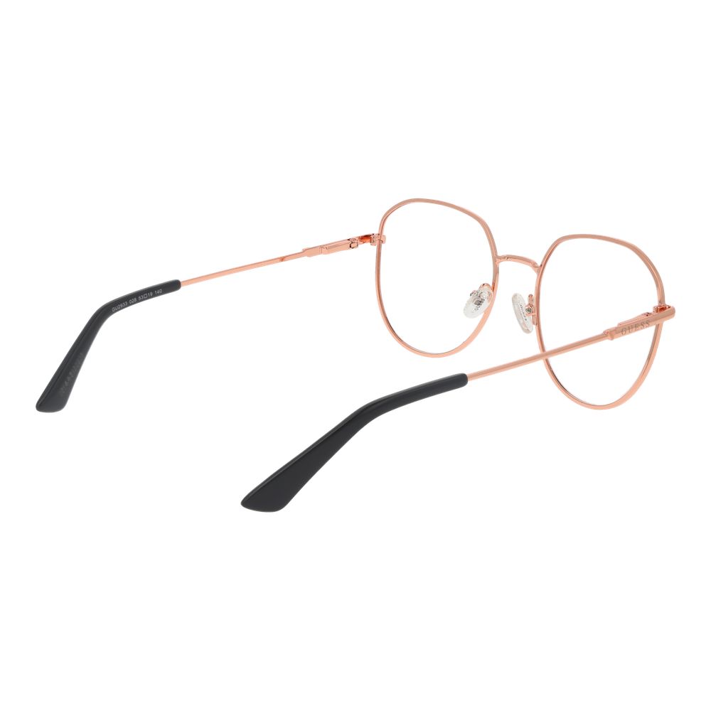 Guess Rose Gold Women Glasses Frame, round full-rim metal with demo lenses, 53-19-140 size, spring hinge, includes branded case.