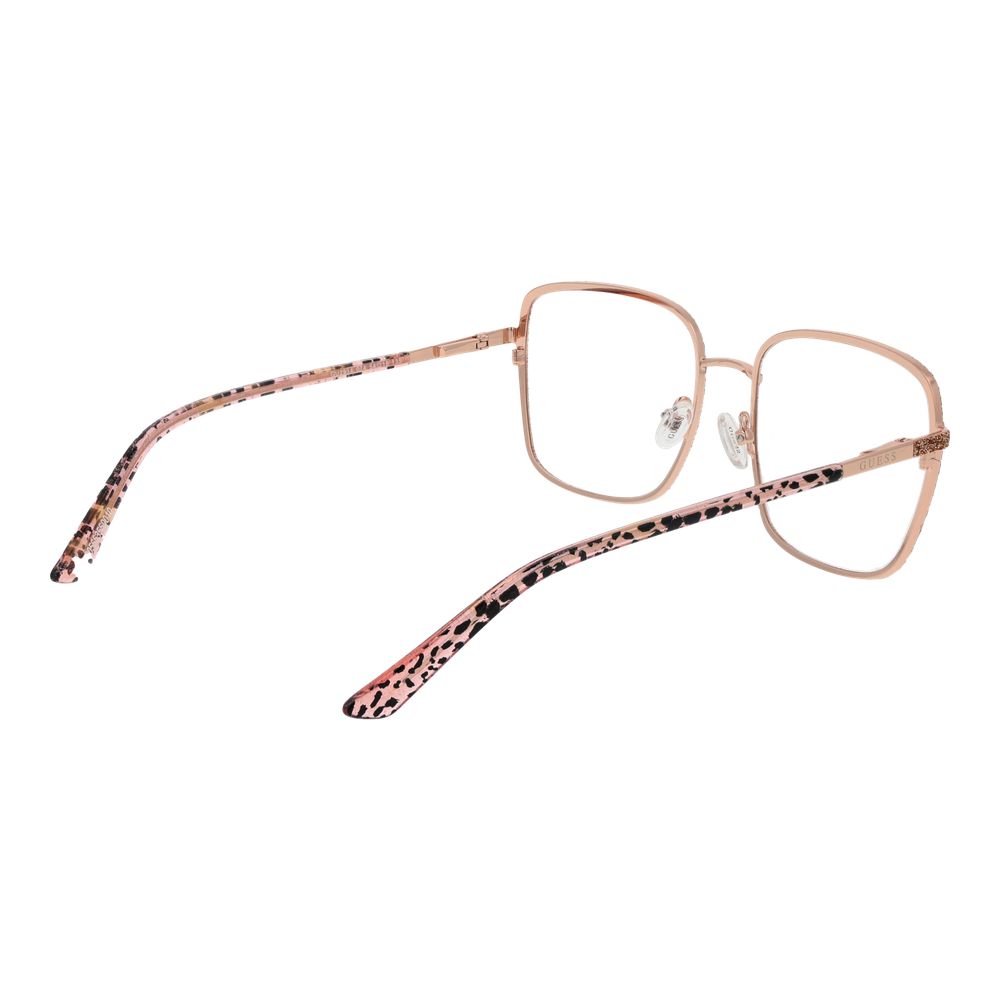 Guess Rose Gold Women Glasses Frame - square metal full-rim, rose gold color, model with demo lenses and spring hinge, includes branded case.