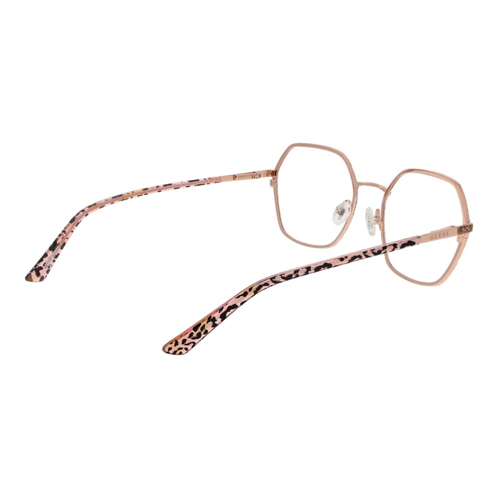 Guess Rose Gold Women Glasses Frame square full-rim metal with leopard print temples, 53-19-140 size, demo lenses included.