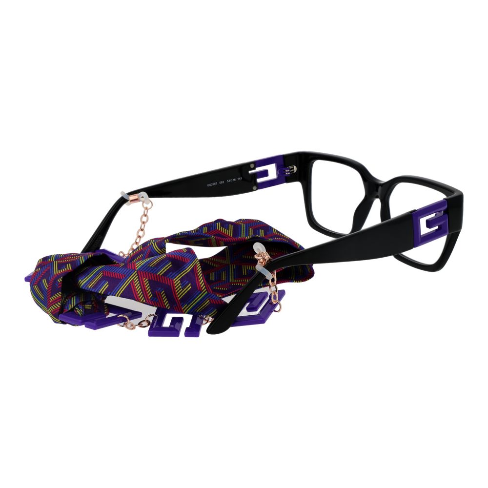 Guess Black Unisex Glasses Frame with full-rim plastic design and branded case, shown with decorative chain accessory.
