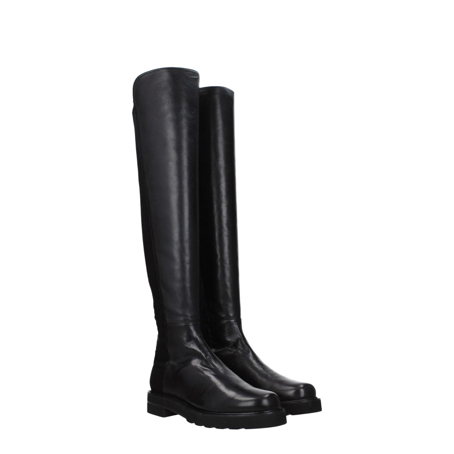 Stuart Weitzman Black Leather Over The Knee boots with round toe and mid heels, casual style, rubber sole, 3.5 cm heel height.