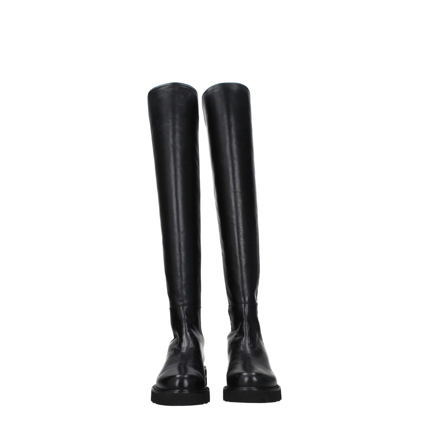 Stuart Weitzman Black Leather Over The Knee boots with aged effect and mid heels, featuring a round toe and rubber sole, style casual.