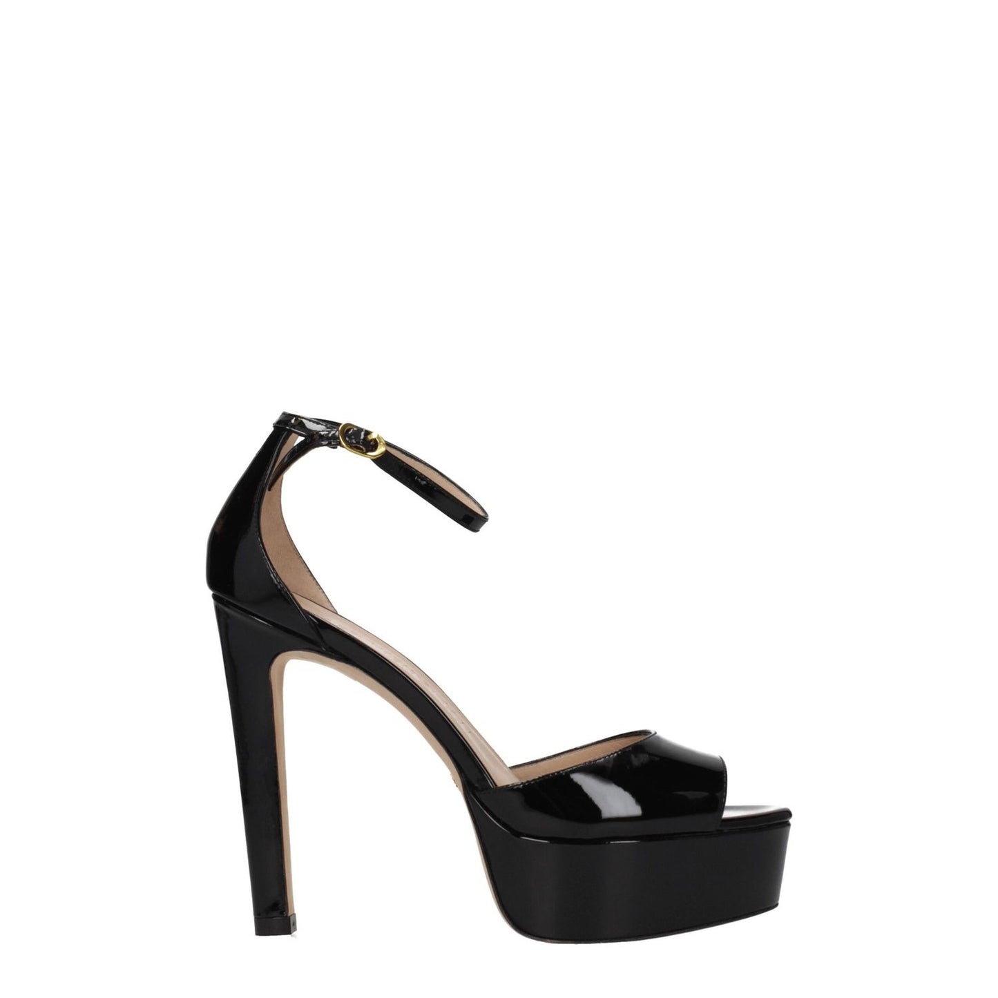 Stuart Weitzman Black Leather Platform Sandals with buckle closure and high heel. Stylish patent leather design, perfect for elegant occasions.