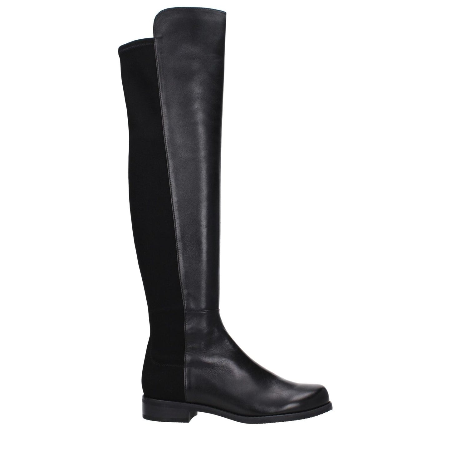 Stuart Weitzman Black Leather Over The Knee boots, vintage effect, casual style, rubber sole, round toe, low flat heel.