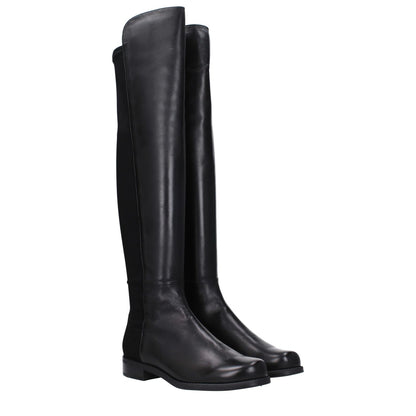 Stuart Weitzman Black Leather Over The Knee boots with vintage effect, casual style, and low flat heel. MPN 5050NSGS3999BLK.