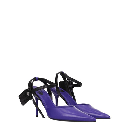 Off-White Purple Leather High Heel Pumps with pointy toe and button closure, featuring a side logo, 9 cm high heel elegant design.