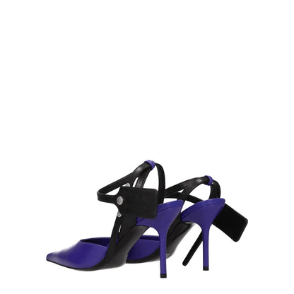 Off-White Purple Leather High Heel Pumps with pointy toe and button closure, featuring a side logo and 9 cm high heel. MPN: OWII007LEA0013510.