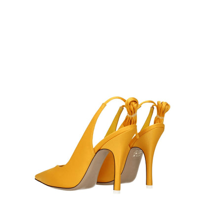 The Attico Orange Satin High Heel Pumps with pointy toe and 10.5 cm heels, featuring a self-tie closure and leather sole.