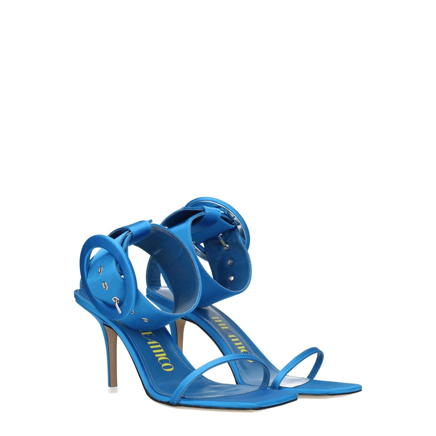 The Attico Light Blue Satin Stiletto Heel Sandals with buckle closure, leather sole, open toe, and turquoise accents.