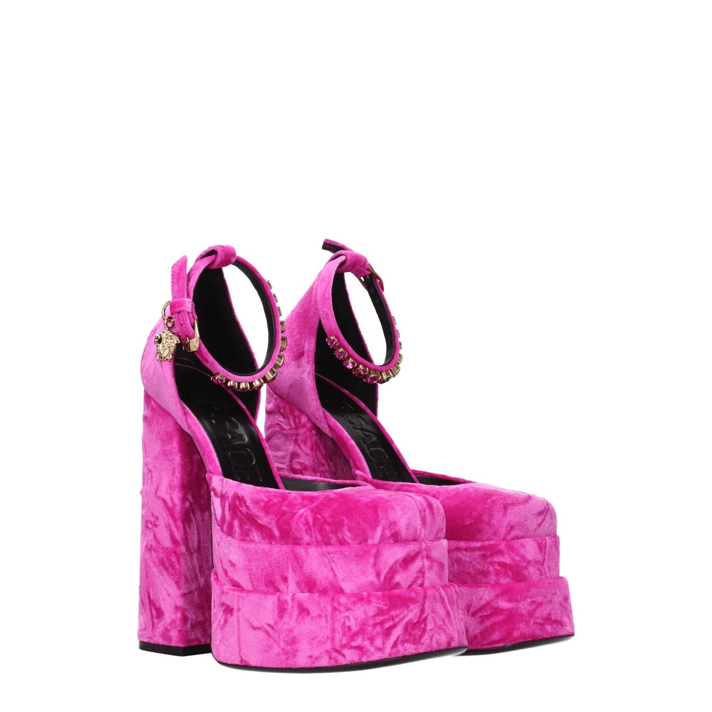 Versace Pink Velvet Platform Sandals with rhinestone detail, buckle closure, leather sole, high heels, square toe.