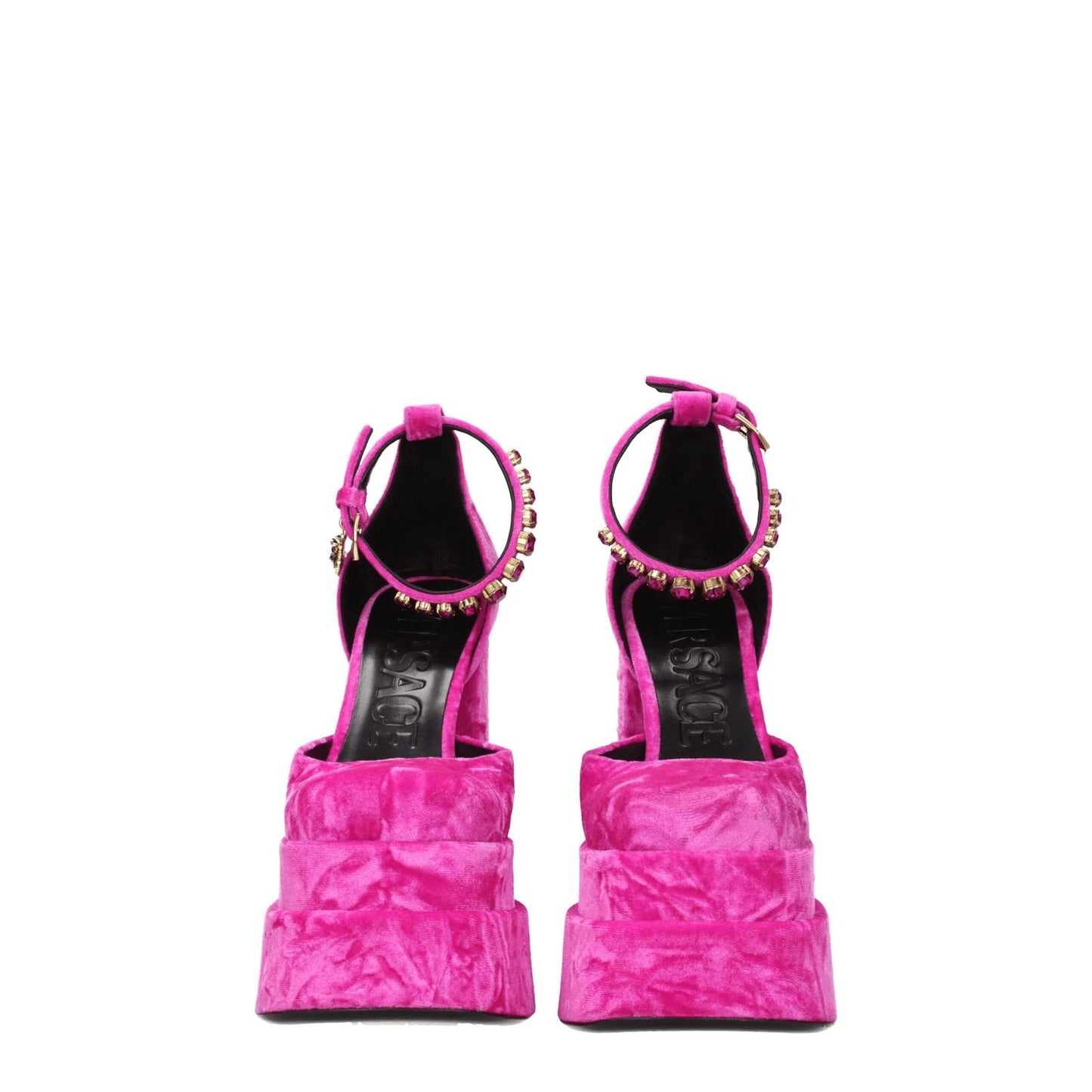 Versace Pink Velvet Platform Sandals with rhinestone accents, square toe, high heel, buckle closure, leather sole, rear view.