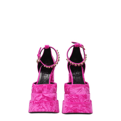 Versace Pink Velvet Platform Sandals with rhinestone accents, square toe, high heel, buckle closure, leather sole, rear view.
