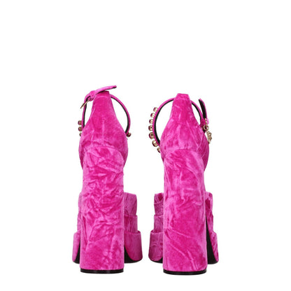 Versace Pink Velvet Platform Sandals with rhinestone details, high heel, square toe, buckle closure, leather sole, side view.