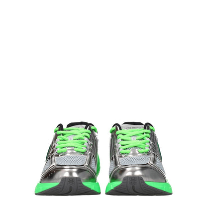 Front view of Givenchy Gray Fabric Athletic Sneakers with silver and green design, featuring logos, lace-up closure, and rubber sole.