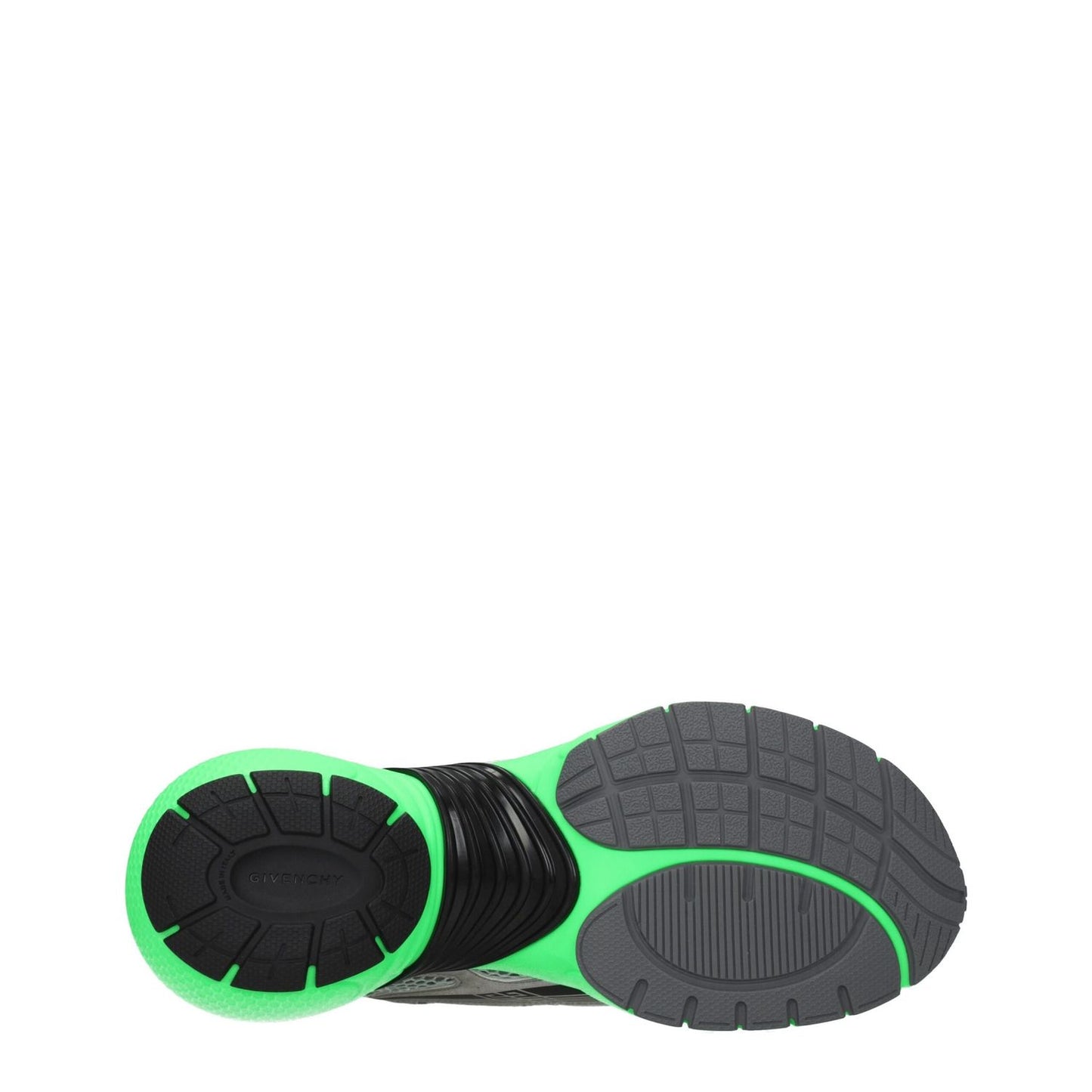 Sole view of Givenchy Gray Fabric Athletic Sneakers with green and gray rubber outsole.