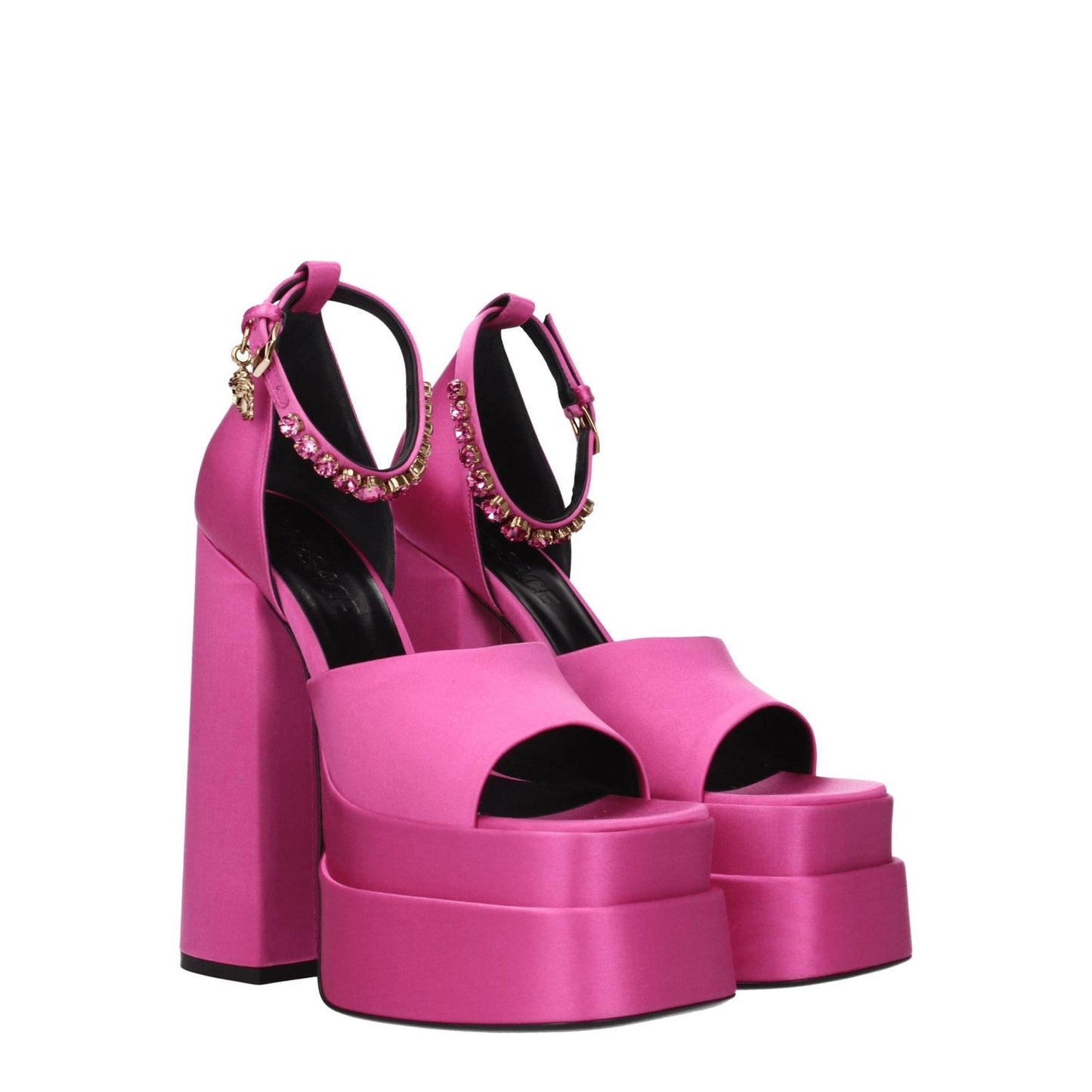 Versace Pink Satin Platform Sandals with rhinestones, open toe, high heel, leather sole, and buckle closure.