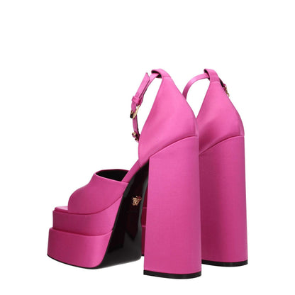 Versace Pink Satin Platform Sandals with buckle closure and rhinestone detail, high heels, open toe, fuchsia satin, leather sole