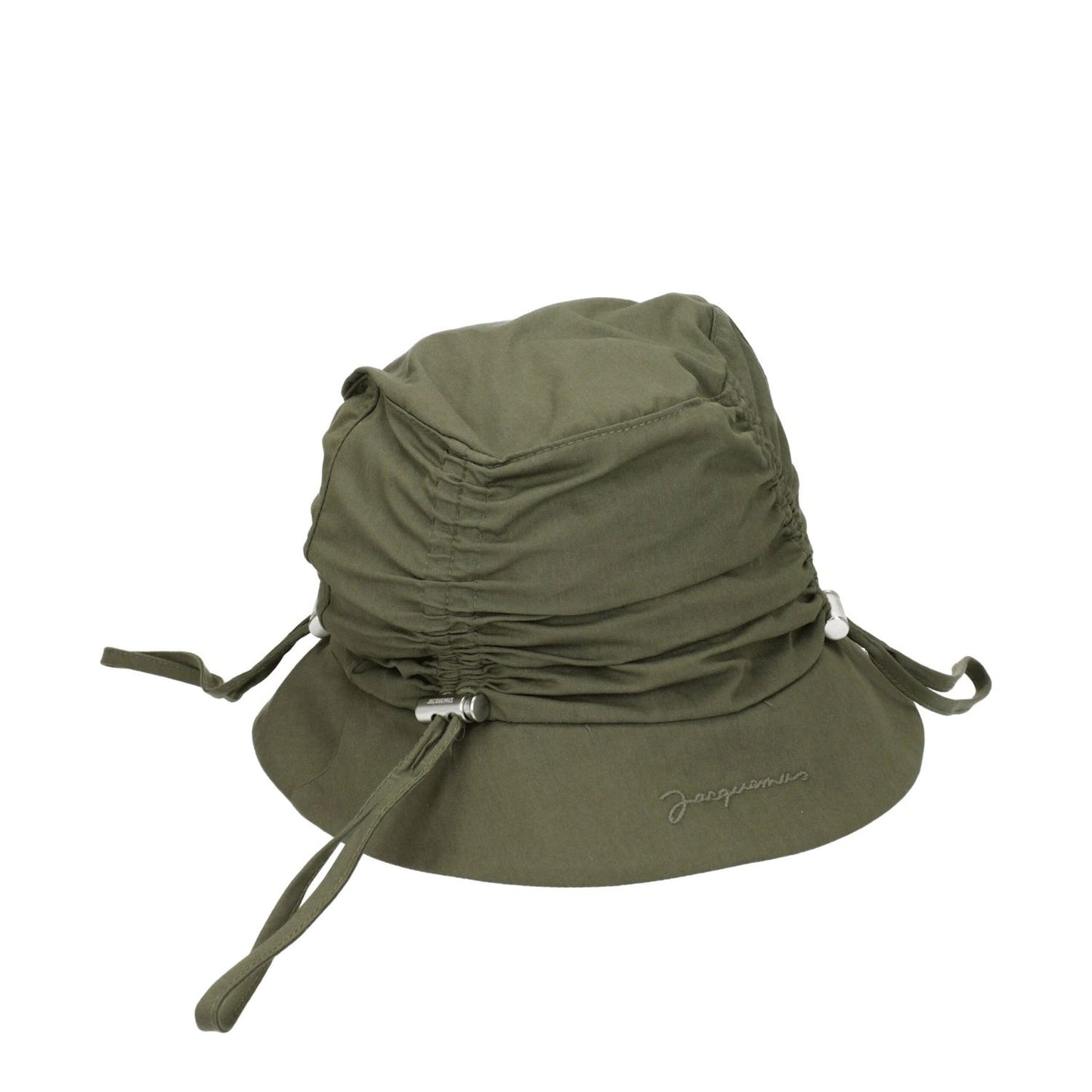 Jacquemus Green Cotton Bucket Hat with front logo, casual style, 75% cotton, 25% polyamide in silver and khaki colors, SKU 235AC4705047560.