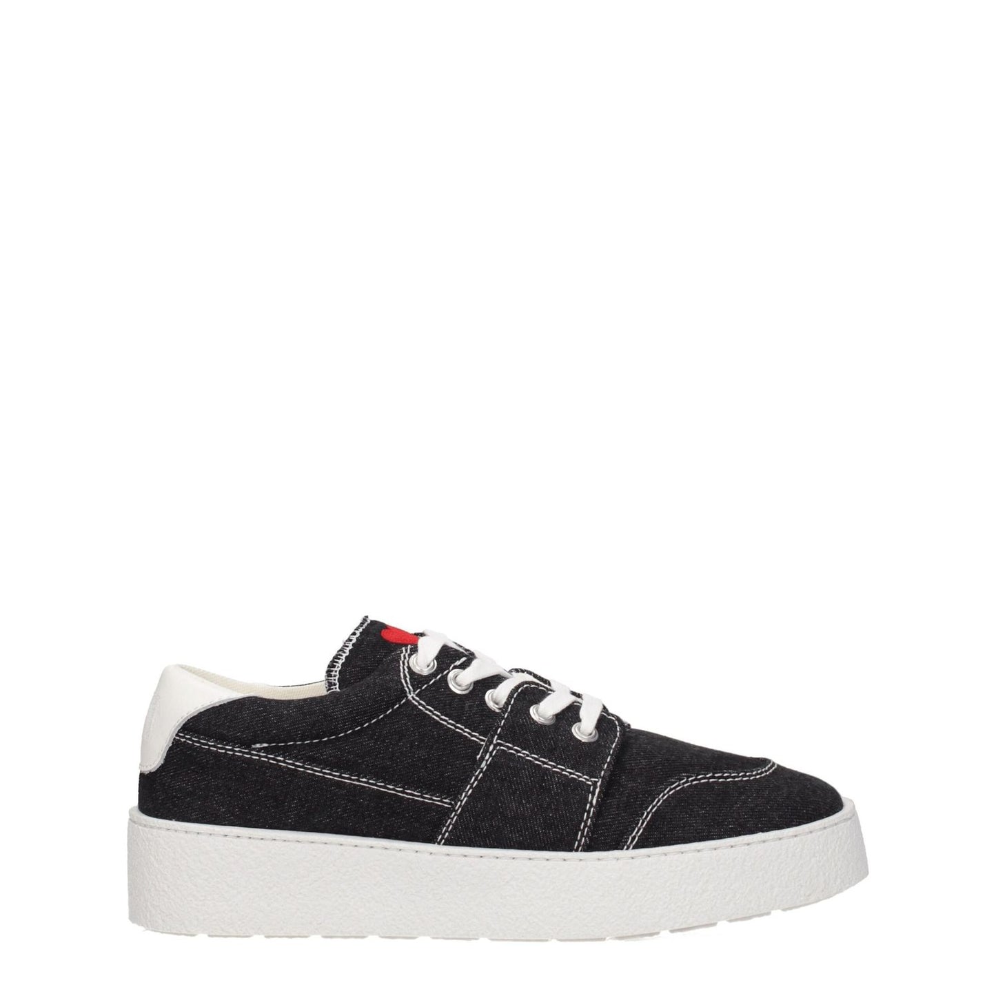 Ami Paris Black Fabric Low Top Sneakers with rubber sole, lace-up closure, and round toe. Features white accents and mid heel design.
