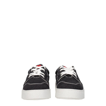 Front view of Ami Paris Black Fabric Low Top Sneakers with white soles and red accents, featuring lace-up closure and casual style.