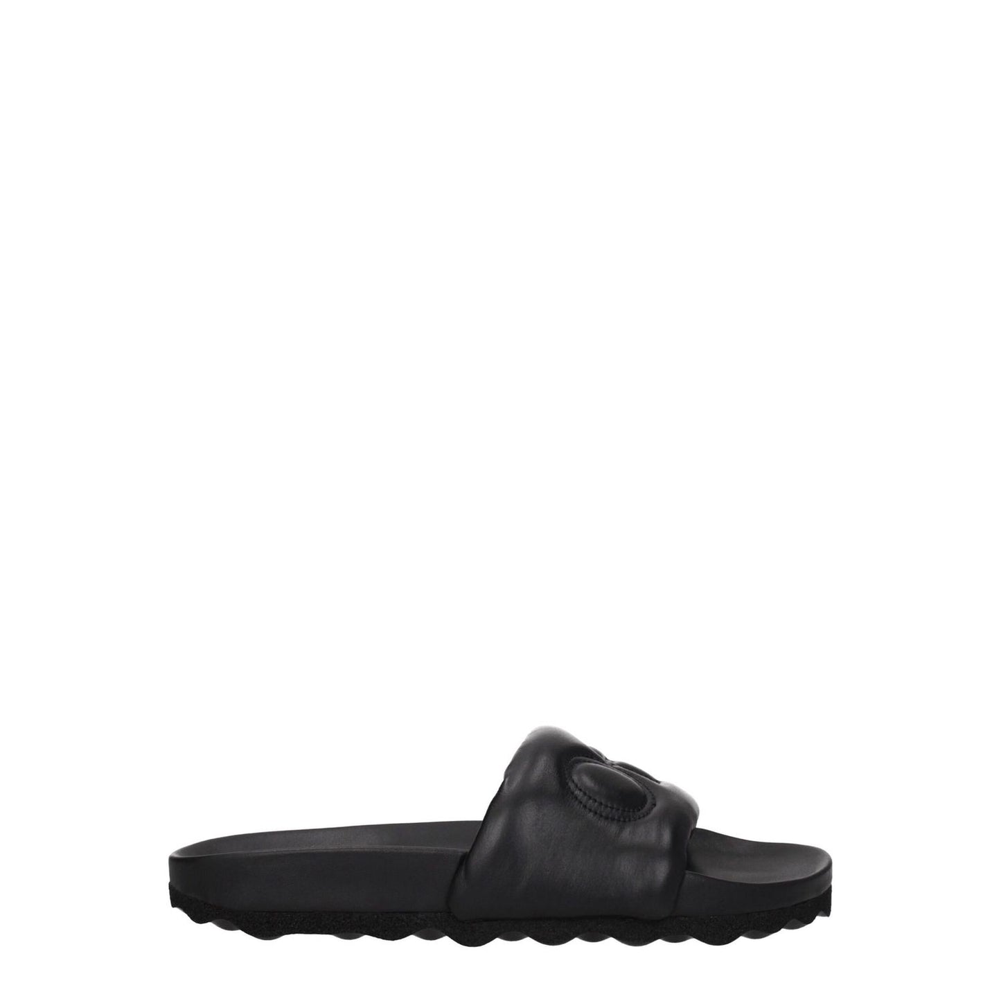 Off-White Black Leather Slippers featuring rubber sole and front logo, designed in sleek black leather, casual style with low, flat heel.