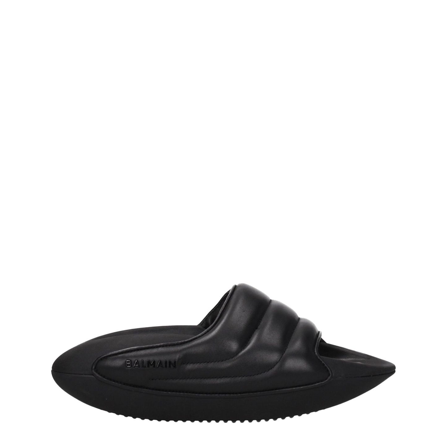 Balmain Black Leather Slippers with open toe, side logo, rubber sole, and mid heel, MPN VL299LPQP0PA, casual style footwear.