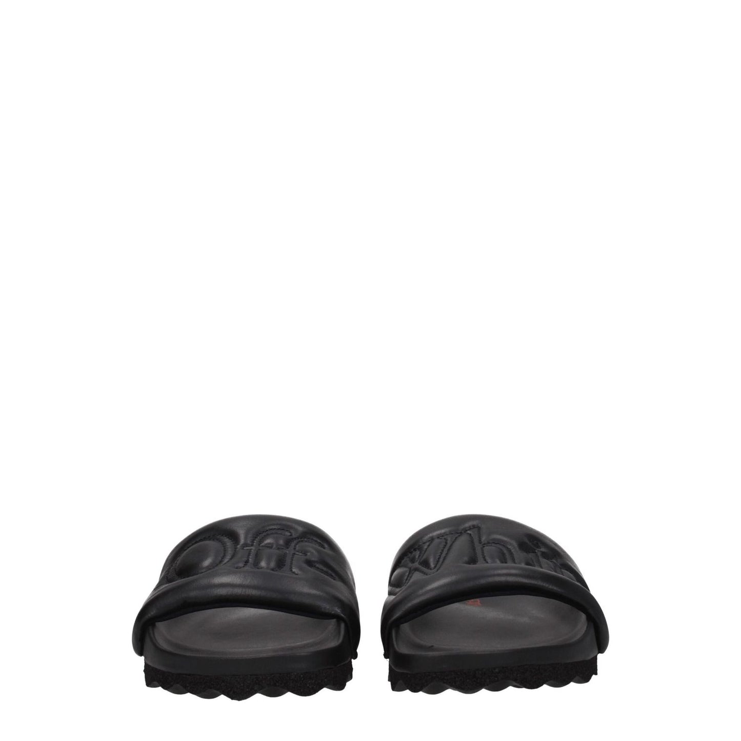 Off-White Black Leather Slippers, casual style, featuring front logo and round toe, designed for comfort with low flat heels, rubber sole.