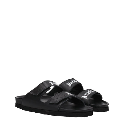Palm Angels Black Leather Slippers with strap closure, featuring front logo, open toe design, low flat heel, rubber sole.