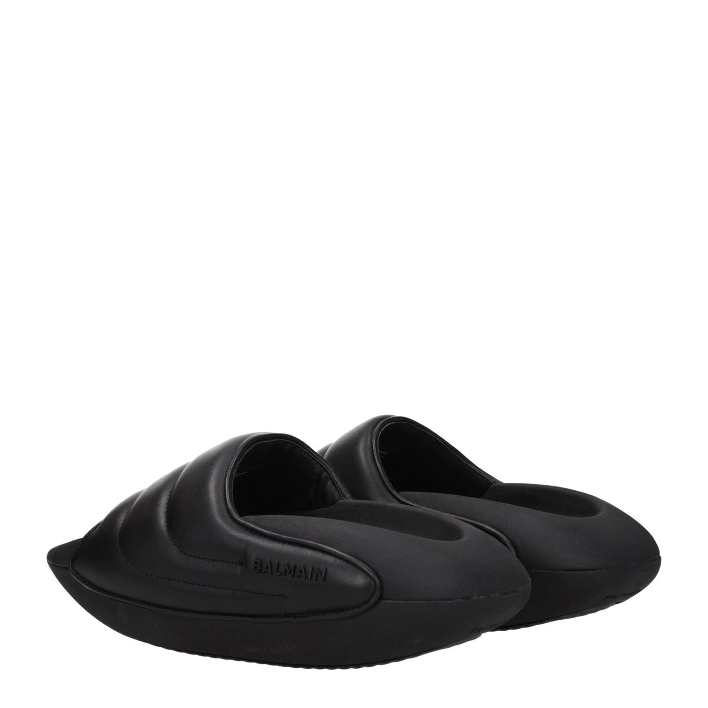 Balmain Black Leather Slippers with mid heels, rubber sole, side logo, open toe design; casual style.