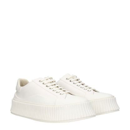 Jil Sander White Fabric Platform Sneakers with lace-up closure, rubber sole, wedge heel, and round toe design for casual style.