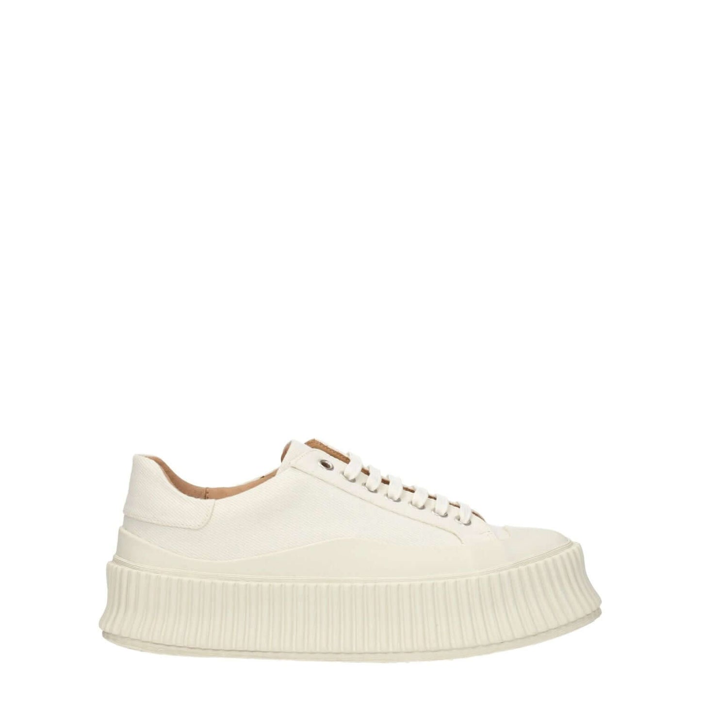 Jil Sander White Fabric Platform Sneakers with aged effect, lace-up closure, rubber sole, and 5 cm wedge heel. Stylish streetwear design.