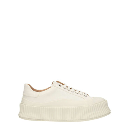 Jil Sander White Fabric Platform Sneakers with aged effect, lace-up closure, rubber sole, and 5 cm wedge heel. Stylish streetwear design.