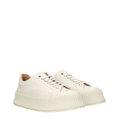 Jil Sander White Fabric Platform Sneakers with lace-up design, aged effect, and 5 cm wedge rubber sole, featuring a round toe.