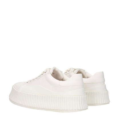 Jil Sander White Fabric Platform Sneakers with rubber wedge sole, round toe, and lace-up closure, viewed from the back side.