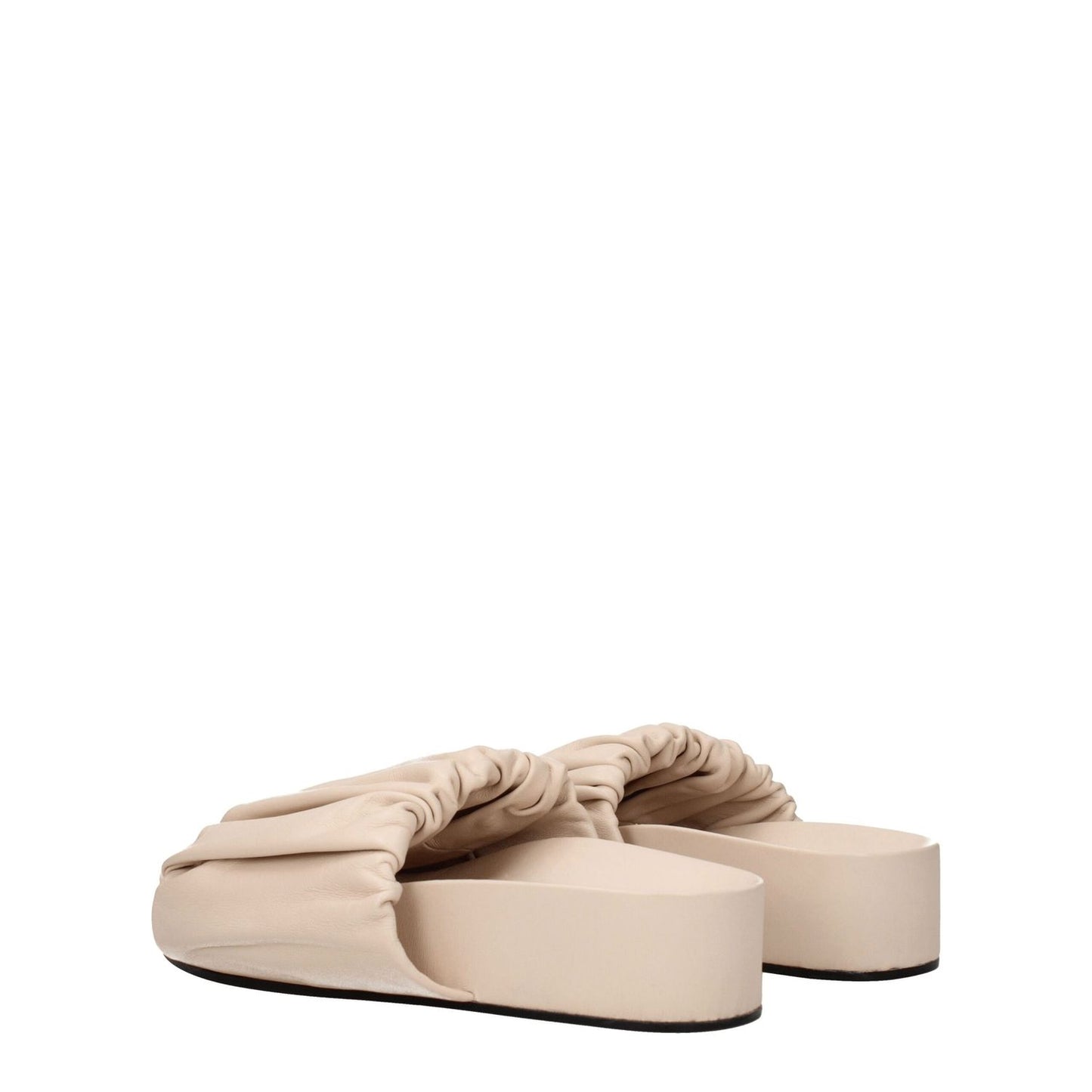 Jil Sander Pink Leather Slippers with open toe and mid heels, featuring powder pink leather and a 4.5 cm heel.