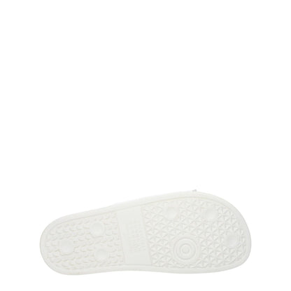 Alt Tag: Bottom view of Maison Margiela White Cotton Slippers with rubber sole, open toe, low flat heel, street style design.