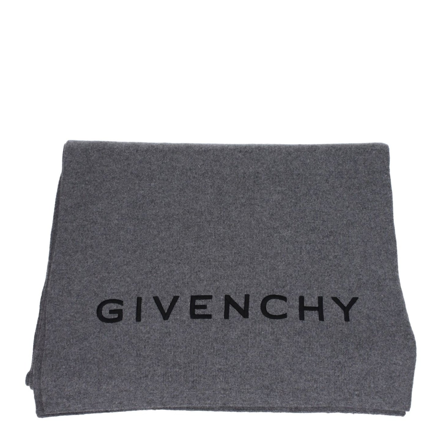 Givenchy Gray Wool Scarf with logo, featuring a blend of 70% wool and 30% cashmere in wolf grey for a casual style.