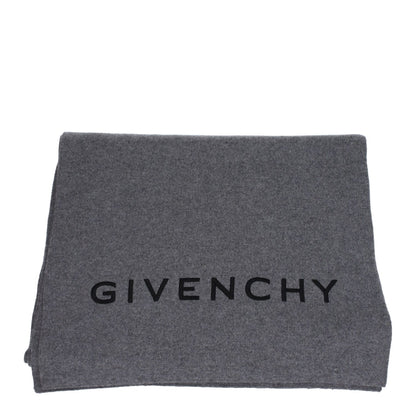 Givenchy Gray Wool Scarf with logo, featuring a blend of 70% wool and 30% cashmere in wolf grey for a casual style.