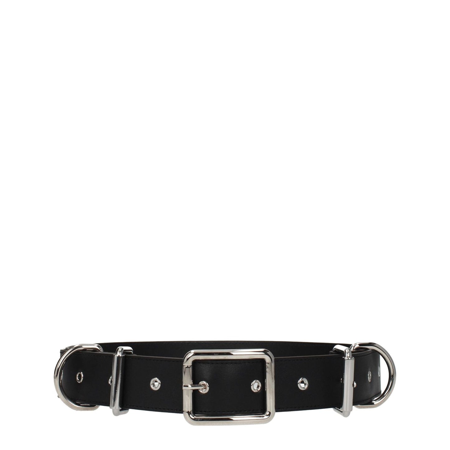Moschino Black Leather Belt with silver buckle closure, punk rock style, adjustable size, 4 cm height.