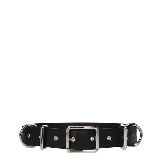Moschino Black Leather Belt with silver buckle closure, punk rock style, adjustable size, 4 cm height.