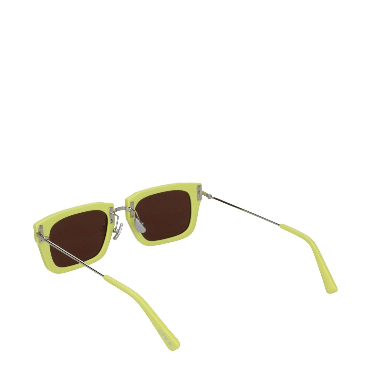 Jacquemus Yellow Acetate Sunglasses with square style and dark lenses, featuring silver steel accents and a protective case included.