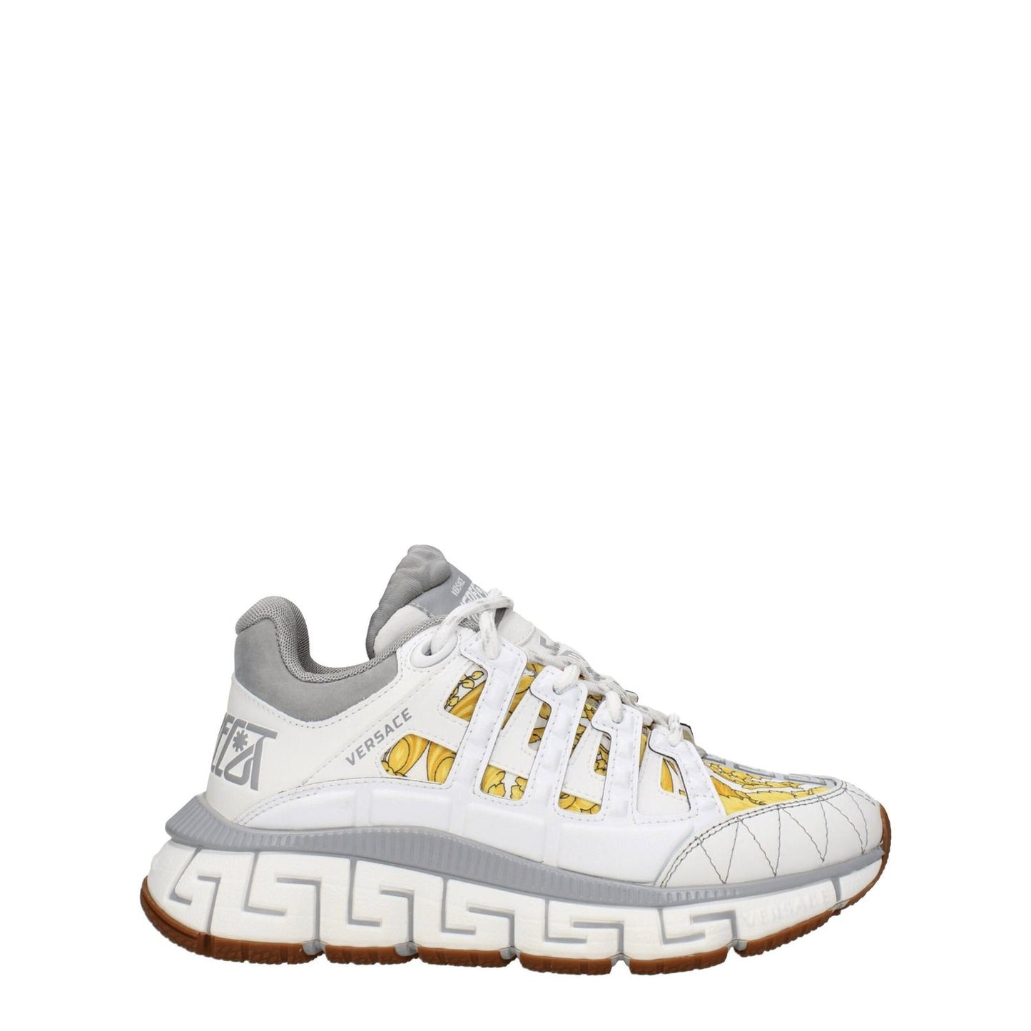 Versace White Fabric Athletic Sneakers with logos, lace-up closure, rubber sole, and round toe design, shown in white and grey.