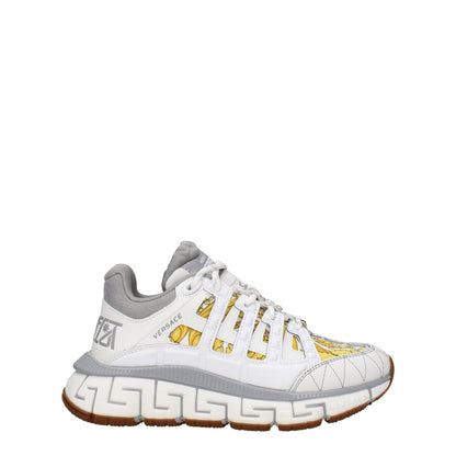 Versace White Fabric Athletic Sneakers with logos, lace-up closure, rubber sole, and round toe design, shown in white and grey.