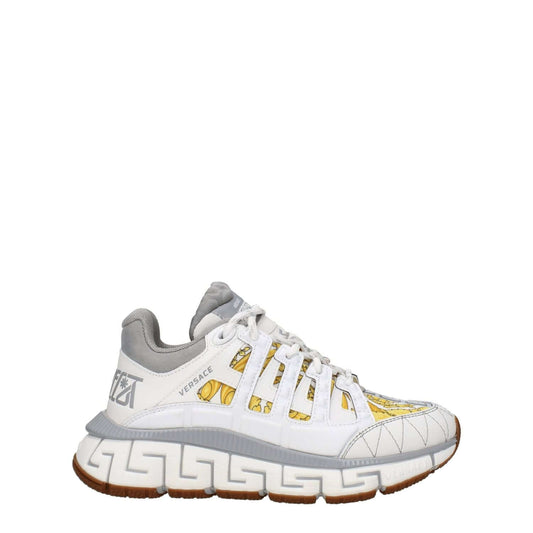 Versace White Fabric Athletic Sneakers with logos, lace-up closure, leather materials, rubber sole, mid heels, and grey secondary color.